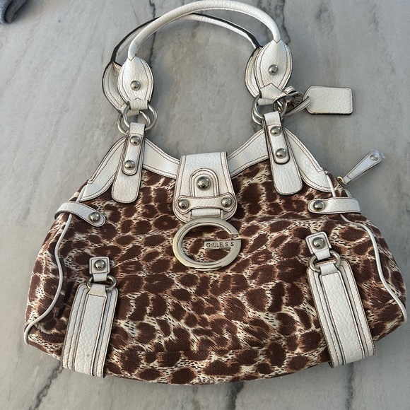 Guess Handbags - Large Guess Purse with Cheetah Print and White Handle and trimmings